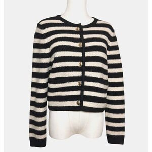 A New Day Black Ivory Striped Gold Button Front Cotton Blend Cardigan Medium